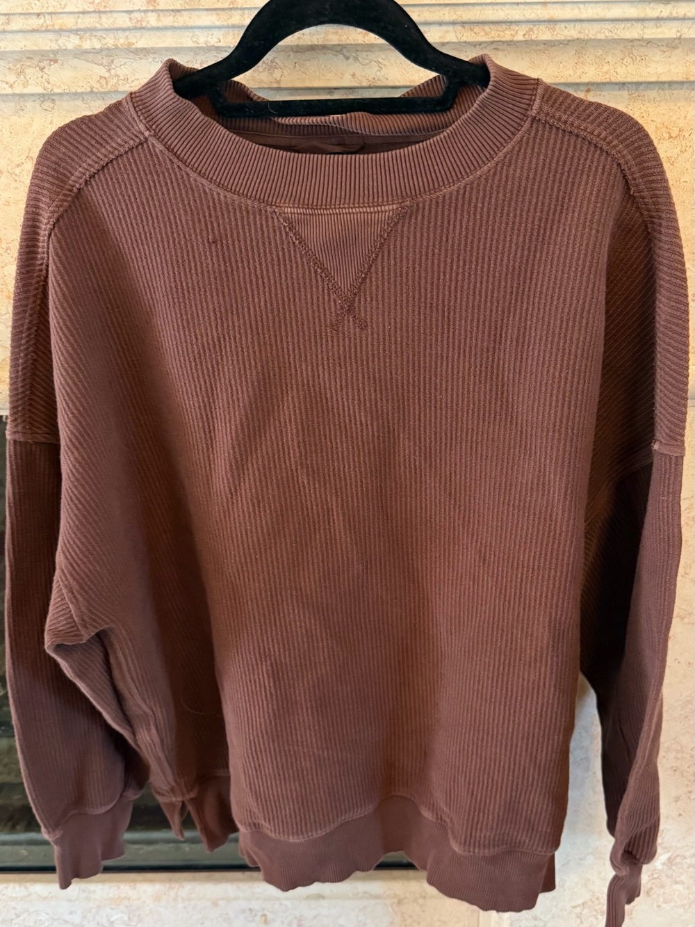 aerie Crewneck Waffle-Knit Sweatshirt in Chocolate Brown